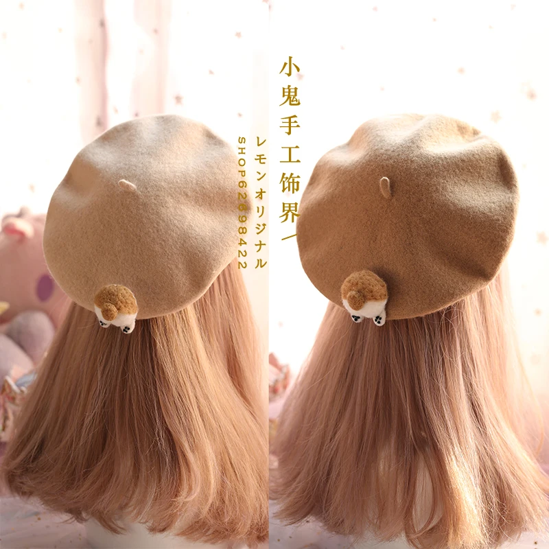 

Soft Cute Japanese Kawaii Lolita Corgi PP Beret Cat PP Painter Hat Mori Girl Pancake Hat Lovely Autumn Winter Fashion Warm Hat