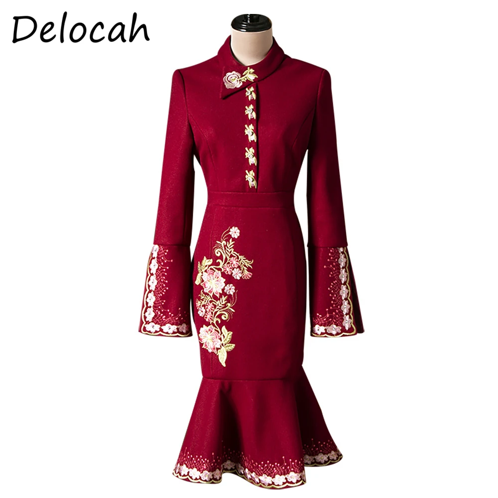 

Delocah Women Summer Fashion DesignerParty Midi Dress Embroidery Long Sleeve Elegant Bodycon Ladies Mermaid Dresses vestidos