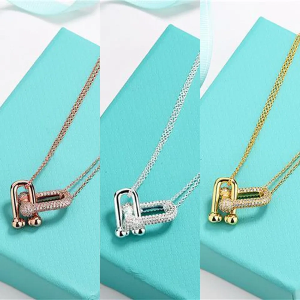 

STERLING SILVER NECKLACE Female Hardwear Series Diamond Ring Buckle Double Chain Ring Clavicle Chain For Girlfriend