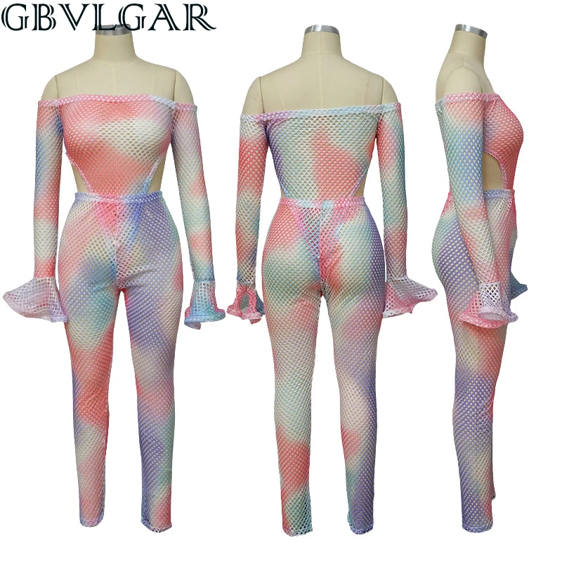 

Women Spring Autumn Legging Pants Suit Tracksuit Matching Set Outfits Tie Dye See Though Two Piece Set Off Shoulder Bodysuit