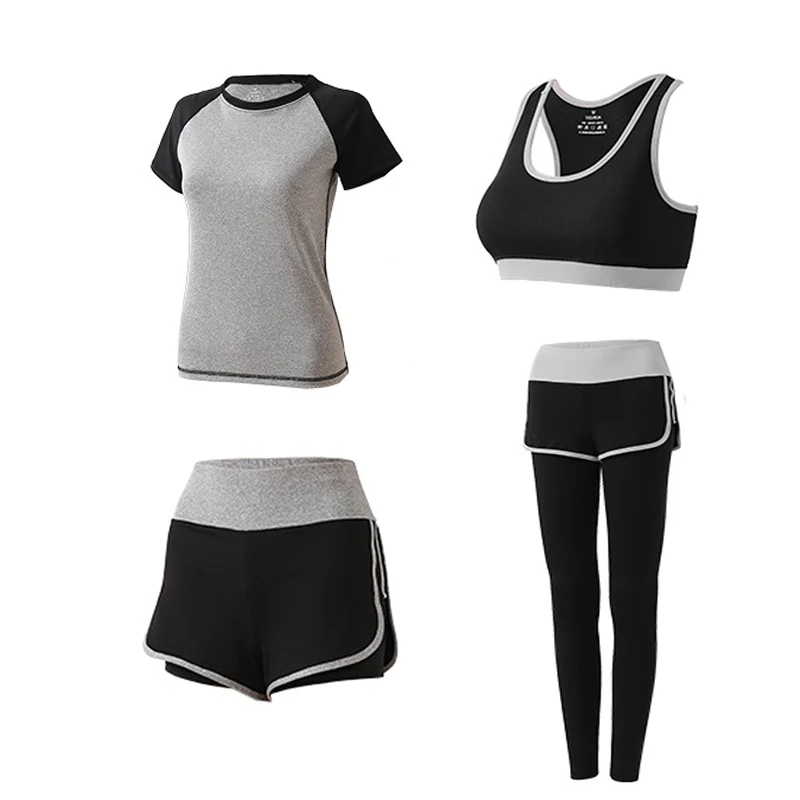 5PC Yoga Set Sports Wear For Women Gym Clothing Fitness Leggings Bra Women's Sports Suits Workout Outfit Running Clothes Set - Цвет: Gray-4pcs