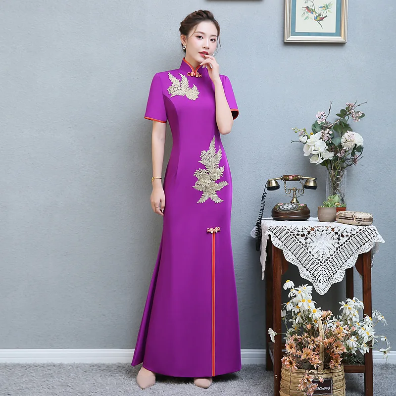 

Women Elegant Appliques Cheongsam Exquisite Vintage Button Trim Qipao Purple Temperament Long Sexy Slim Chinese Dress XS-5XL
