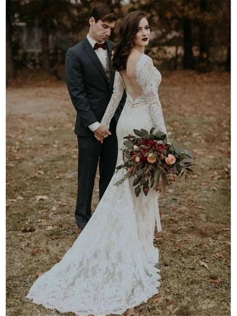 Сексуальное Кружевное с открытой спиной фасона &quotРусалка&quot Свадебные платья