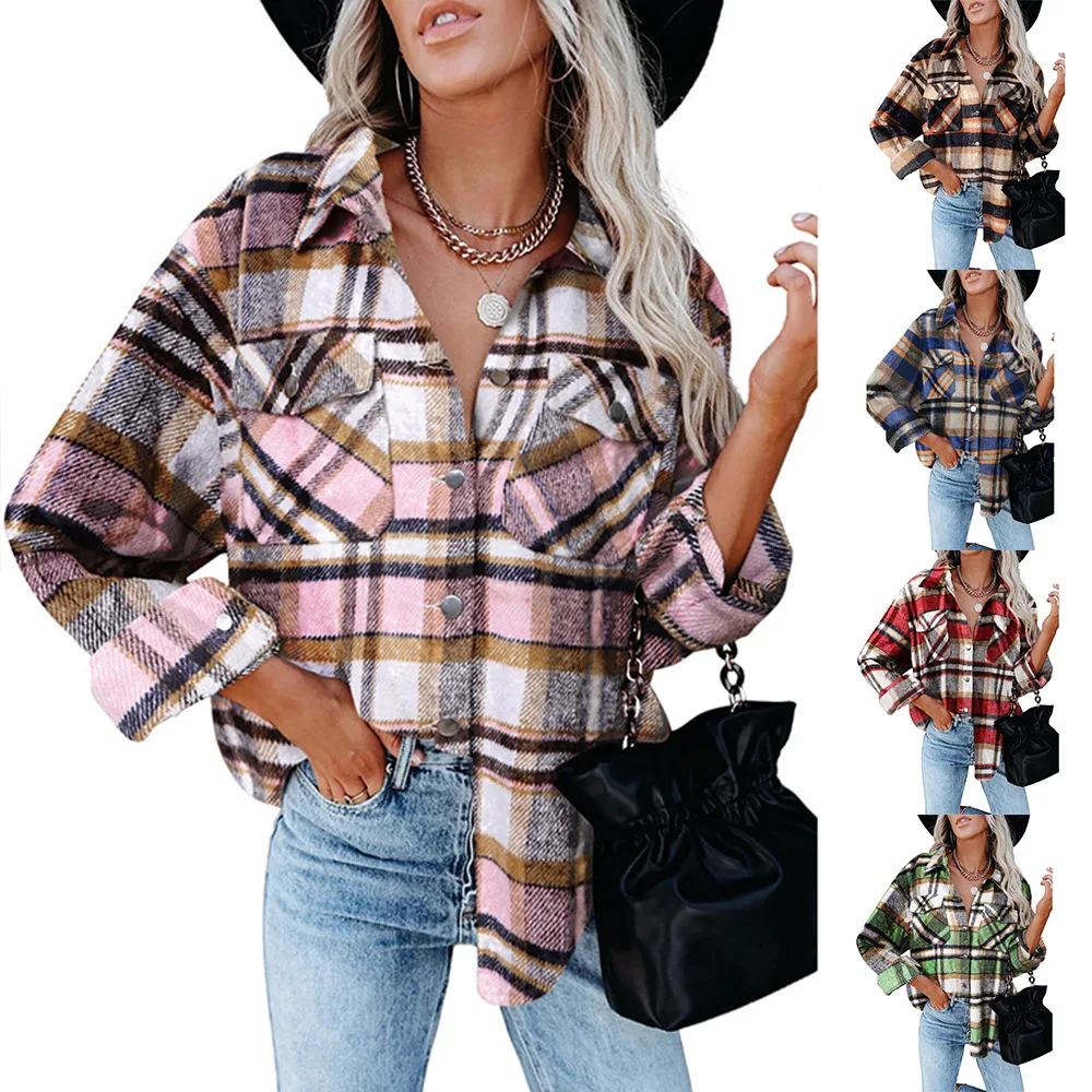 

2021 Thick Woolen Flannel Buttoned Jacket New Long-sleeved Plaid Shirt Clothing Winter Coat Korean Women Clothing
