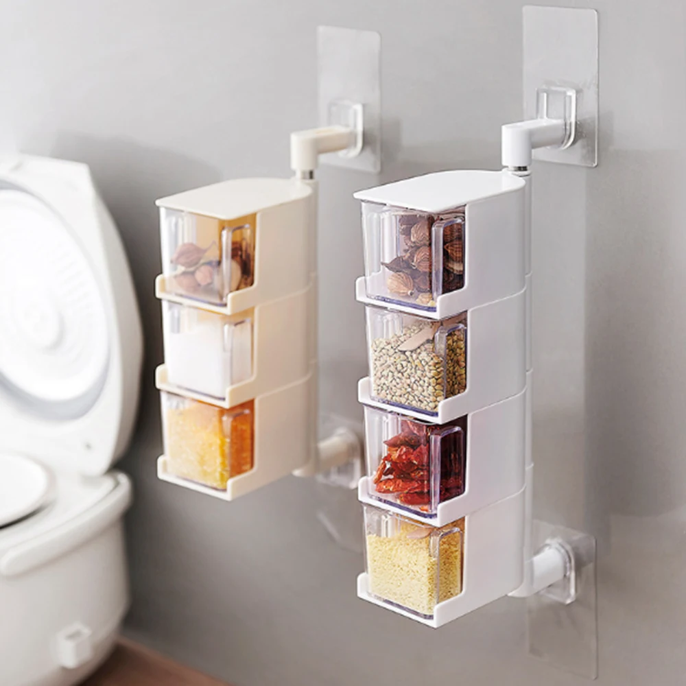 

1PC Seasoning Storage Box With 2PCS No Trace Stickers Kitchen Hanging Rotatable Multi Layer Drawer Type Seasoning Box