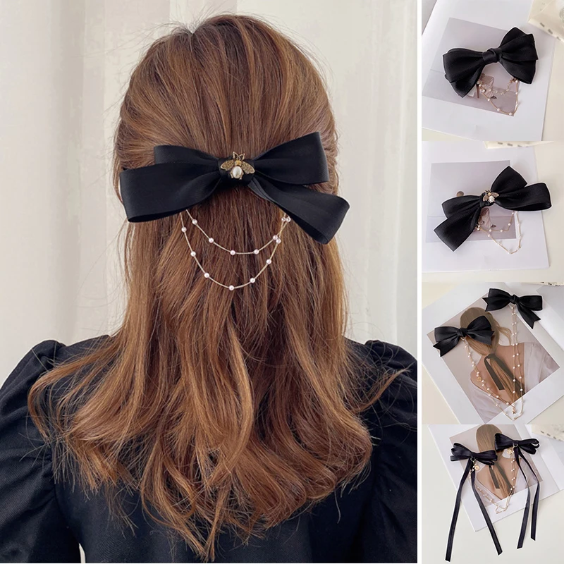 

Elegant Woman Bow Pearls Chain Barrettes Hair Bows Clip Long Ribbons Bow Hairpin Black Spring Clip For Ponytail Hair Accessories