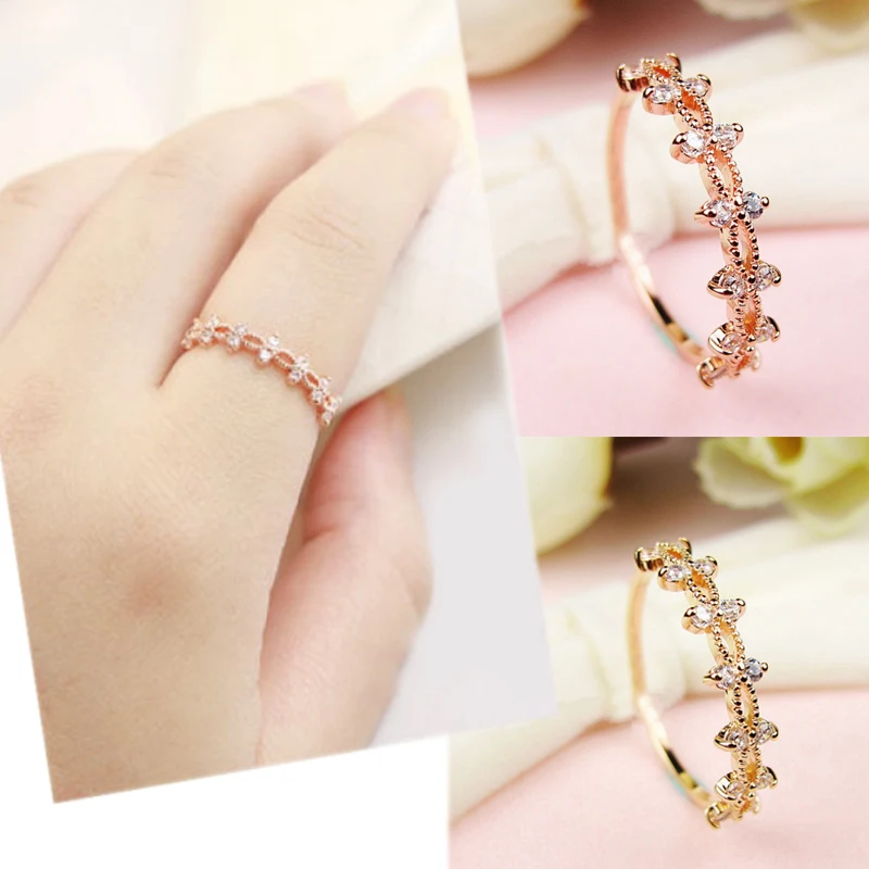 

Graceful Little Zircon Rings Rose Golden Wedding Rhinestone Jewelry For Women Gift Metal Crown Flower Finger Rings Free Shipping