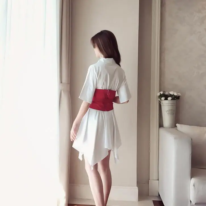 

Women's spring summer casual loose shirt dress female girl high waist red belt irregular white dress TB878