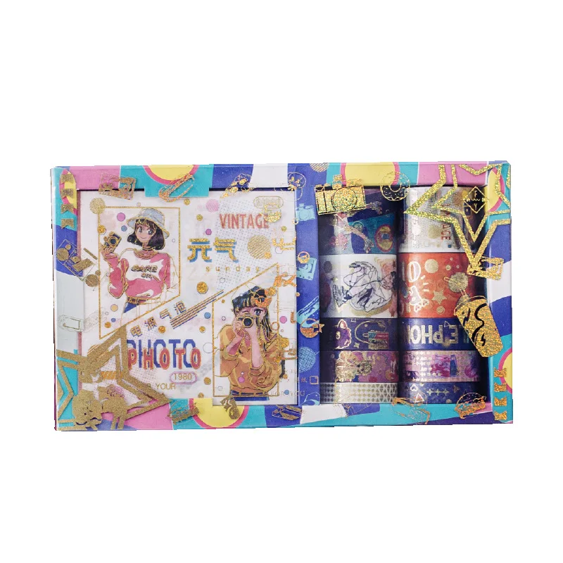 

Hot Stamping Printing Hand Account And Paper Tape Set Self-Adhesive Collage Material Decorative Painting 10 Rolls One Box Set