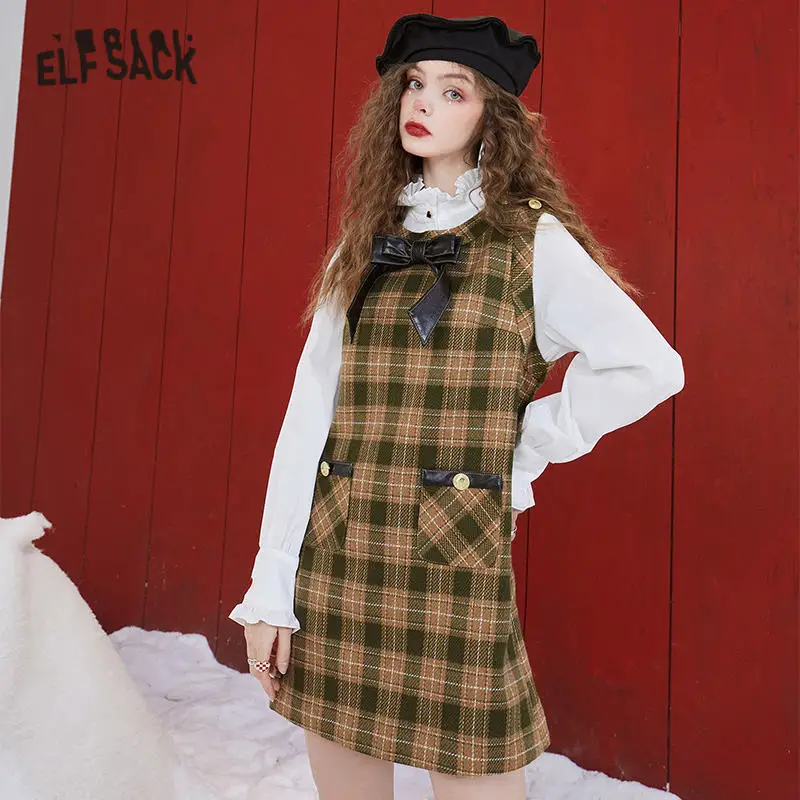 

ELFSACK Plaid British Style High Waist Casual Vintage Dress Women,2021 Winter Stylish Sleeveless,Daily Overall Dresses