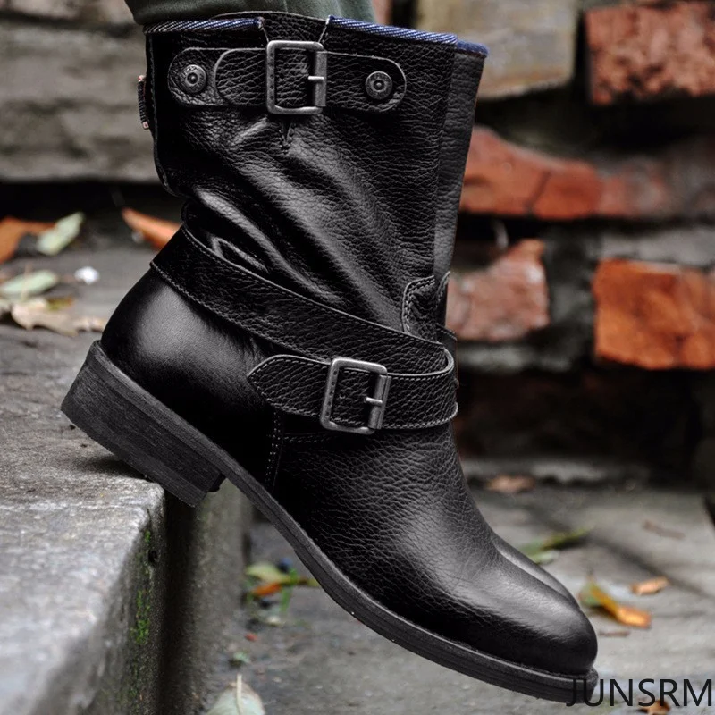 

Round Head PU Leather Square Heel Women's Casual Ankle Boots 2021 Autumn New Fashion Platform Buckle Women's Motorcycle Boots