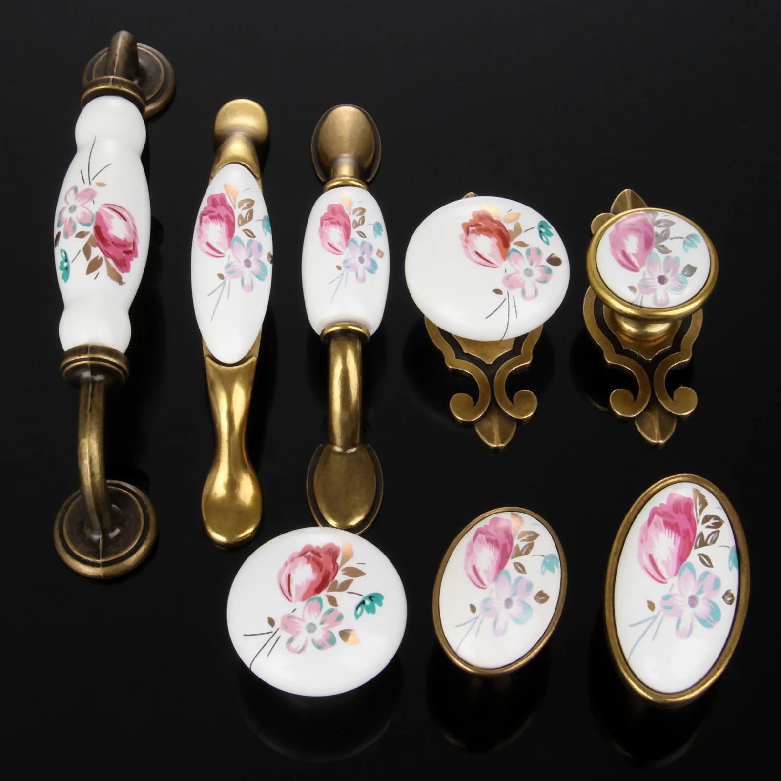 

Vintage Ceramic Knob Metal Retro Handle Pull Button Ceramic Cabinet Chinese Flower furniture Hardware 74mm-153mm Single/double