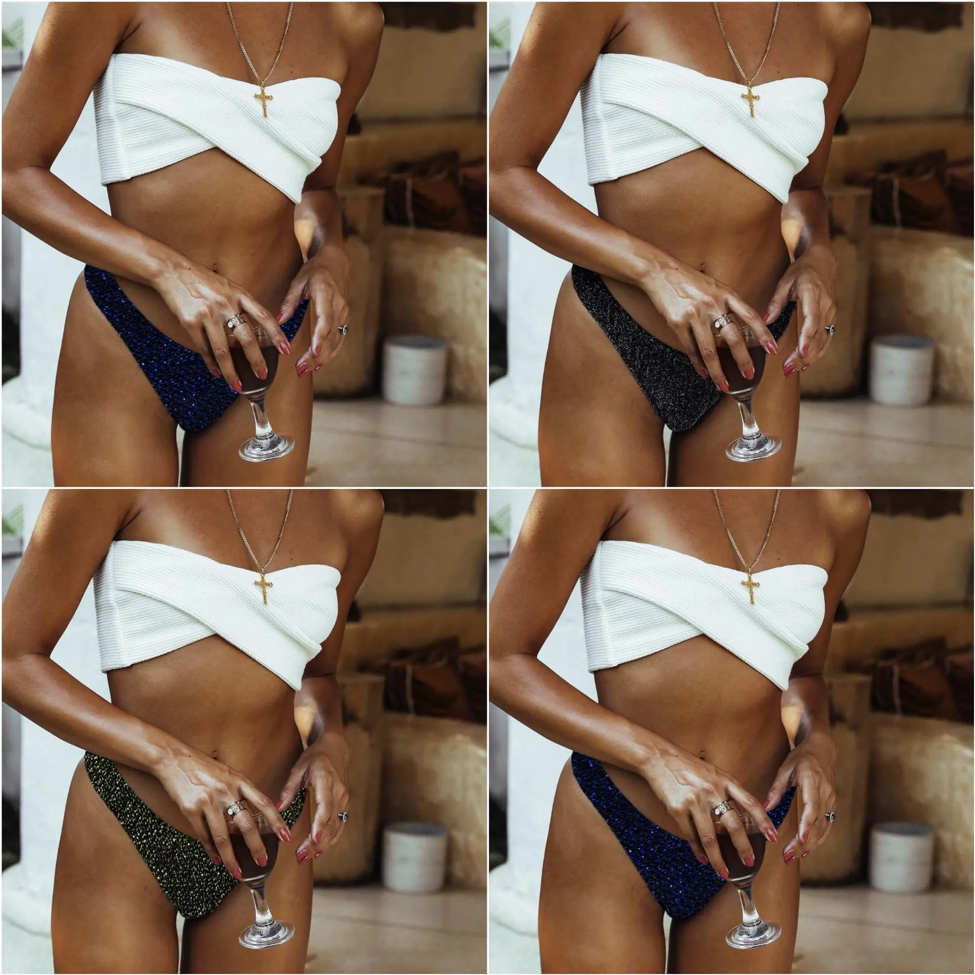 

Hot Selling Off Shoulder Swimwear Blink Beam Low Waist Bikini Sexy Cross Design Swimsuit Bathing Suit Women