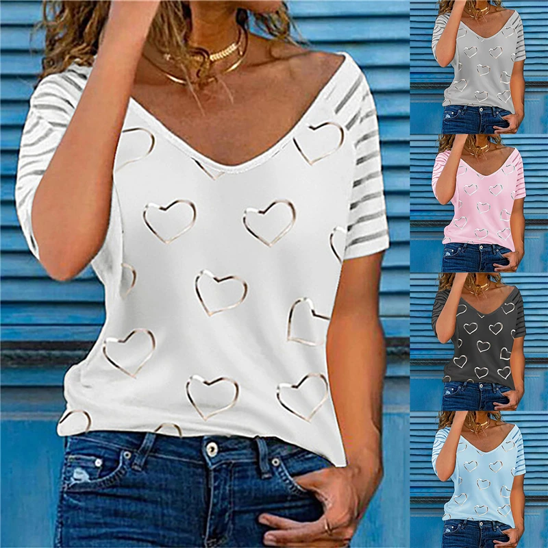 

Hearts Printed Women's T Shirt V Neck Casual Loose Short Sleeve Top Summer Fashion Sexy Striped Camisetas Mujer