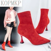 2021 new fashion women ankle boots pointed toe high heel stiletto soft suede slip on boot purple black red cozy botas flock