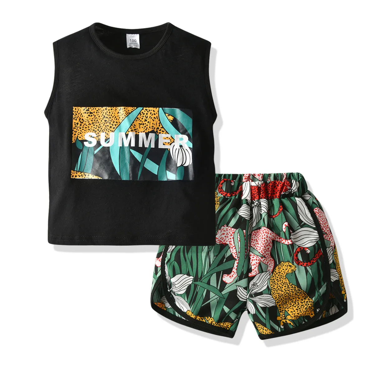 

2021 European and American summer boys black leopard print sleeveless set children's baby casual short-sleeved suit