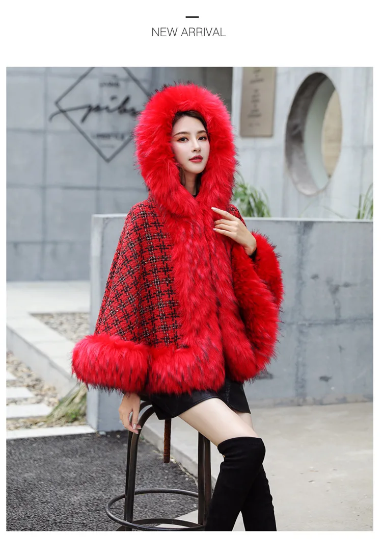 

Новая Европейская и американская стильная модная Зимняя шерстяная шаль в клетку с капюшоном и мехом для женщин