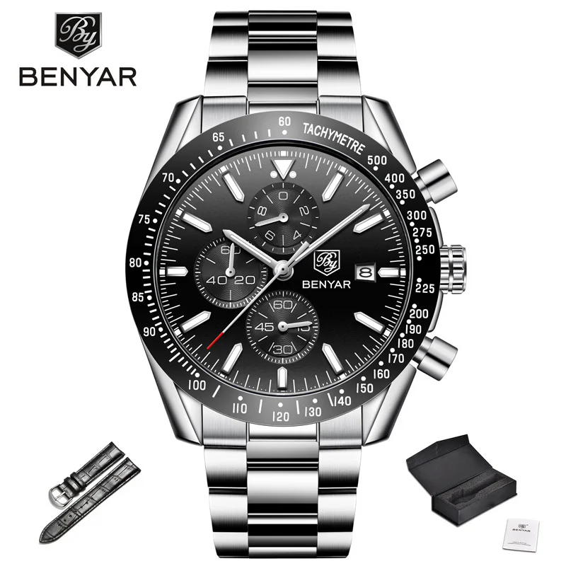 Black Strap BENYAR мужские часы Топ Бренд роскошные часы мужские военные часы кварцевые хронограф бизнес часы ремешок Relogio Masculino - Цвет: Black Strap