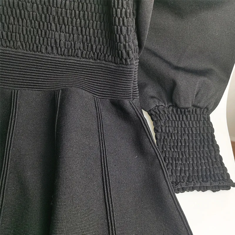 

20Autumn And Winter New Retro Little Black Dress Slim Puff Sleeve Square Neck Temperament Knitted Dress Woman Was Thin Robe C039