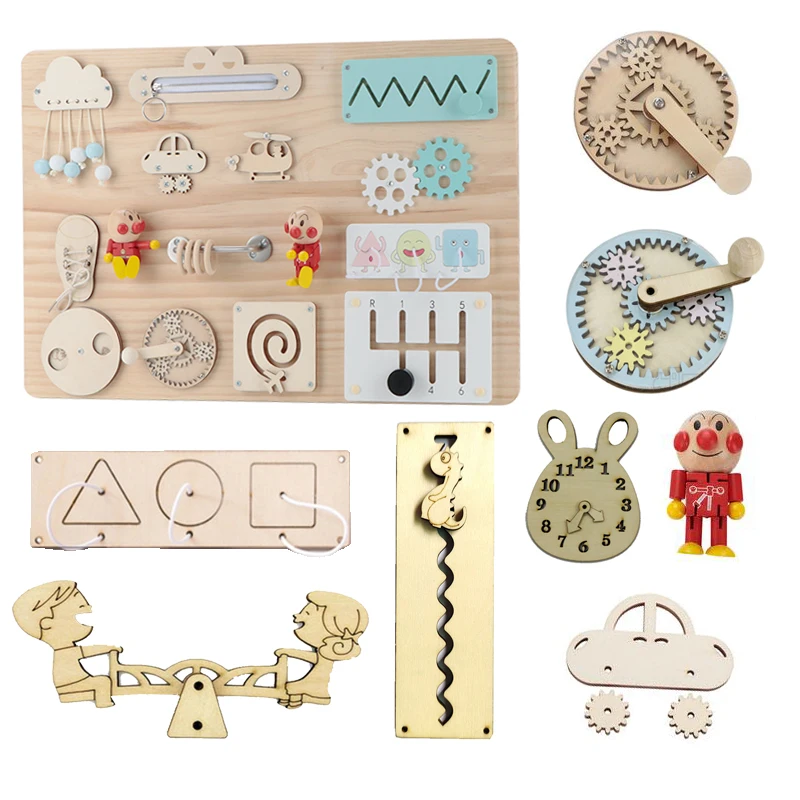 

Kids Montessori Hand Crank Gear Children Busy Board DIY Accessories Material Early Childhood Education Wood Skill Learning Toys