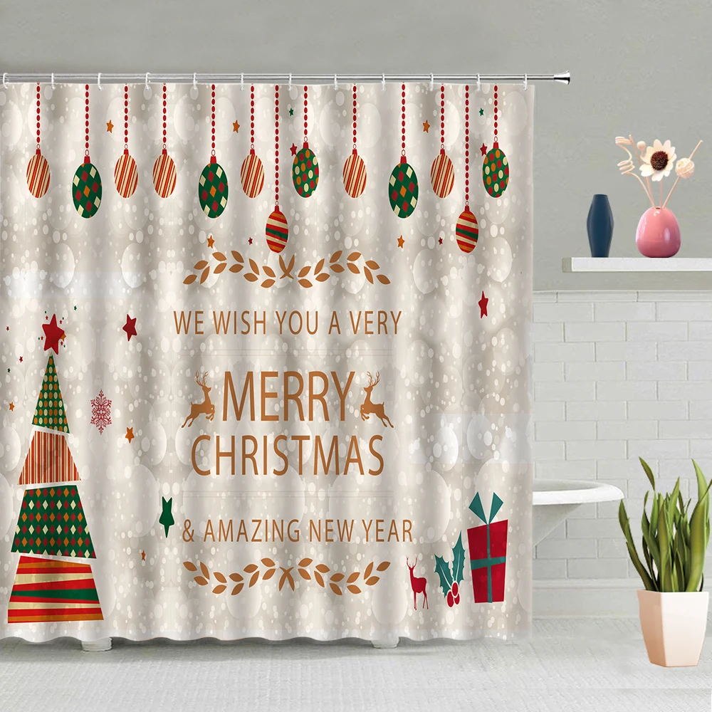 

Christmas Shower Curtain Party Background Decoration Poster Bathroom Bathing Curtains Washable Hanging With Hook Set Home Screen