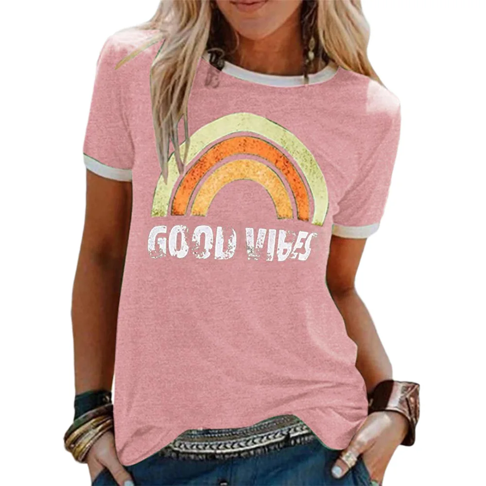 

Hot-Selling Pop-Up Women's Top GOOD VIBES Rainbow Print Round Collar Short-Sleeved T-Shirt