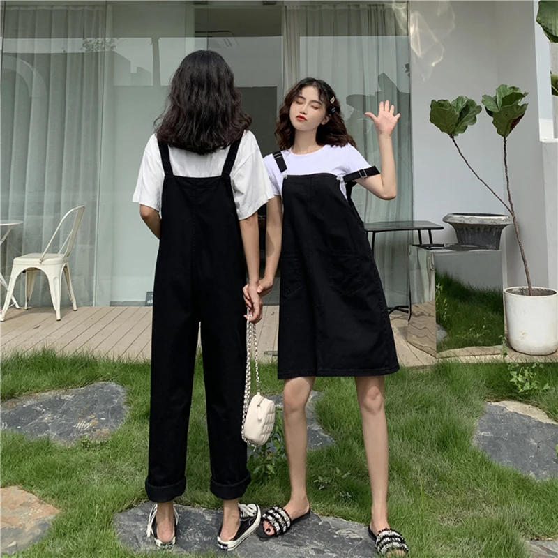 Korean Version Of Woman's Denim Overalls + Thin Sloppy Skirt Girlfriend Skirt Pure Black And Yellow Wild Preppy Style Jumpsuits