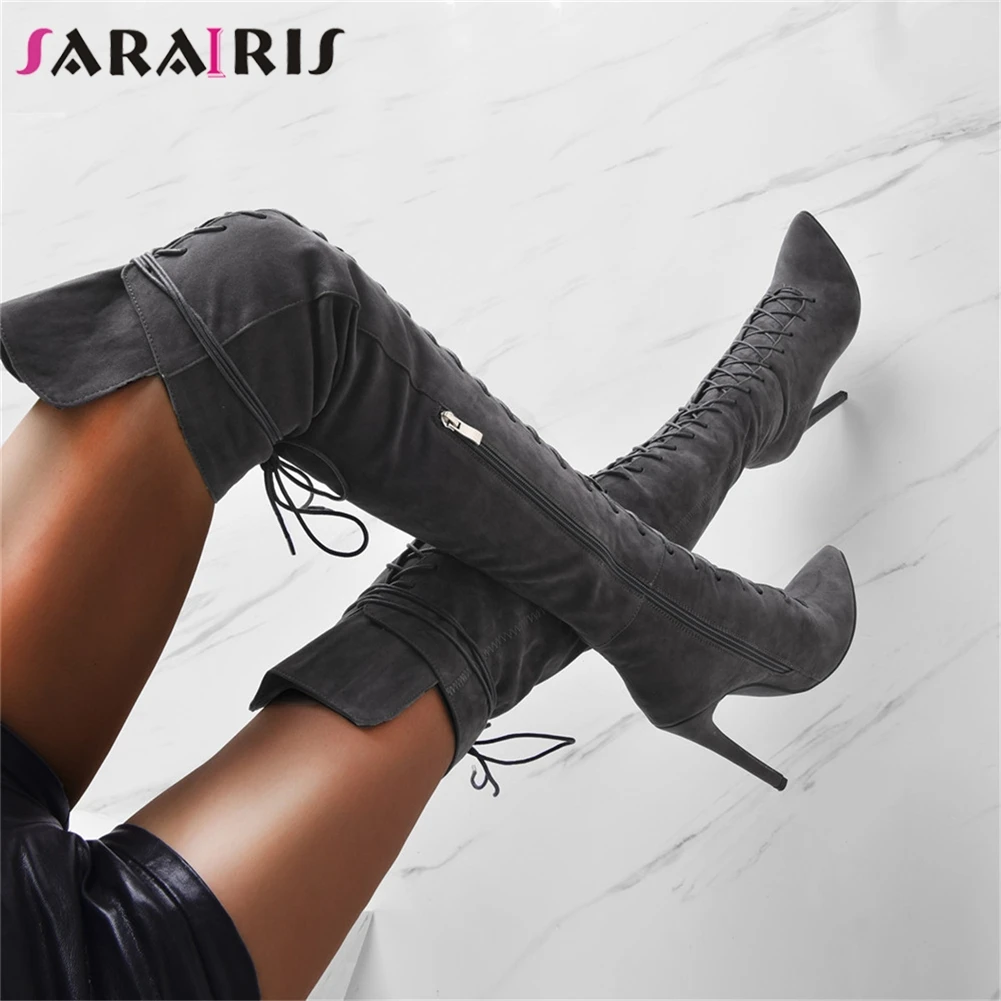 Женские ботфорты на шнуровке SARAIRIS вечерние высоком каблуке Размеры 35 47