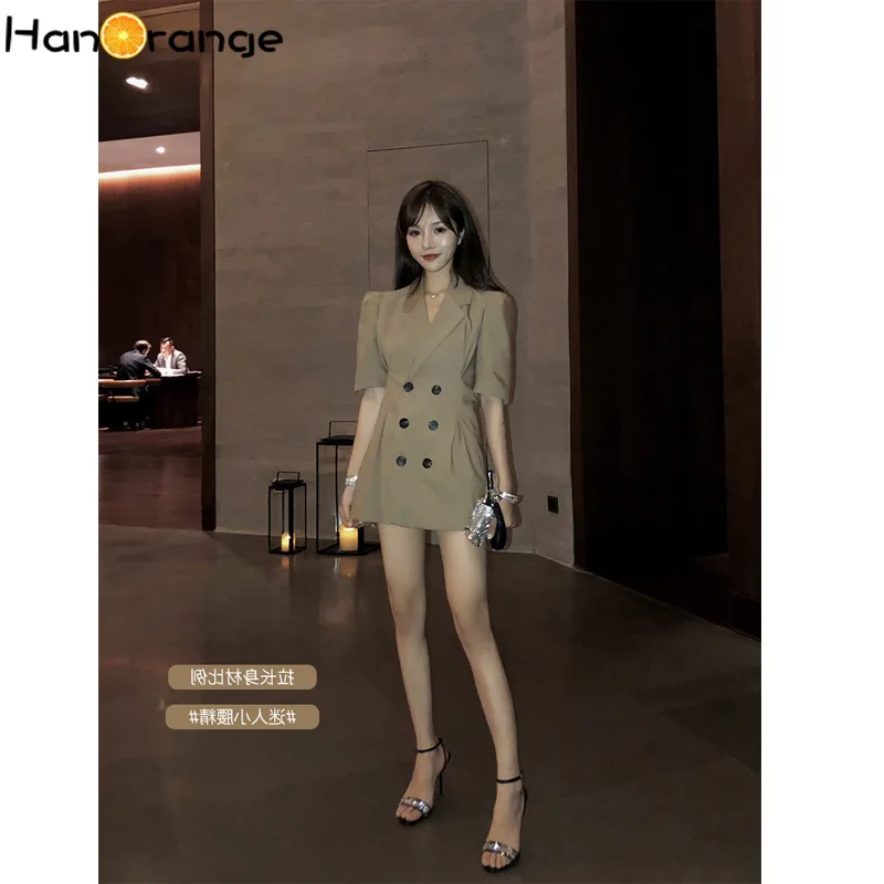 

HanOrange Casual Women Double Breasted Short Sleeve Jacket Summer 2020 Solid Color Long Blazer