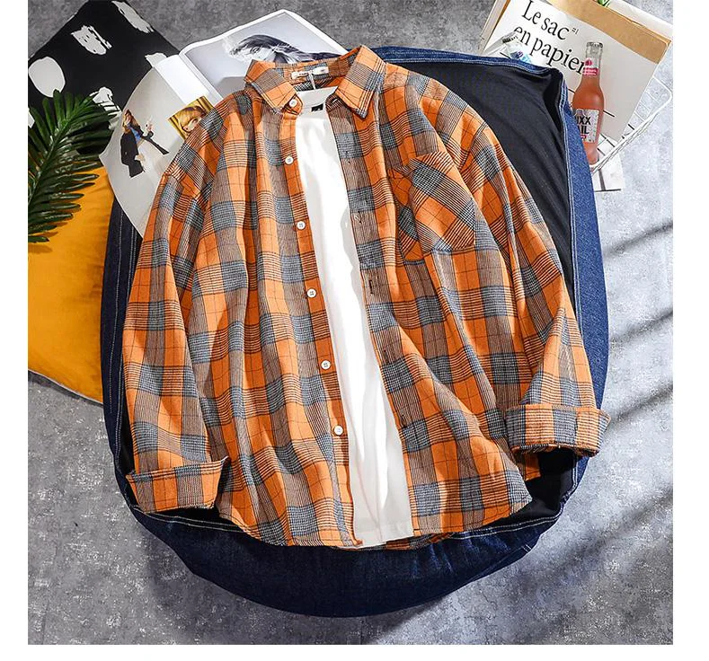 

2021 Fashion Men Plaid Shirt Chic Checked Blouse Long Sleeve Female Women Casual Print Shirts Loose Cotton Tops Unisex Blusas