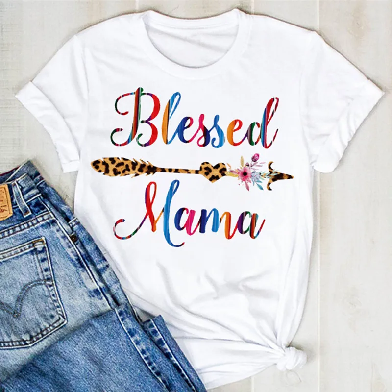 

Футболка с принтом LUSLOS BLESSED MAMA, простая летняя белая футболка с коротким рукавом, в Корейском стиле