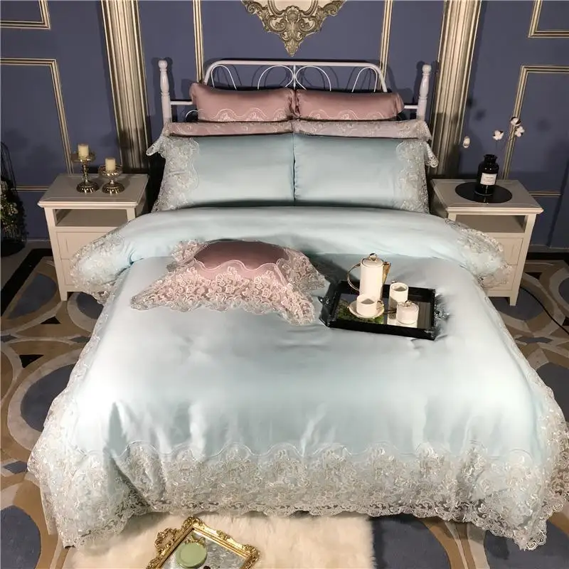 

Luxury Pink Blue Princess Bedding set Tencel silk Lace Queen King size Duvet cover Bed set juego ropa de cama couvre lit de luxe