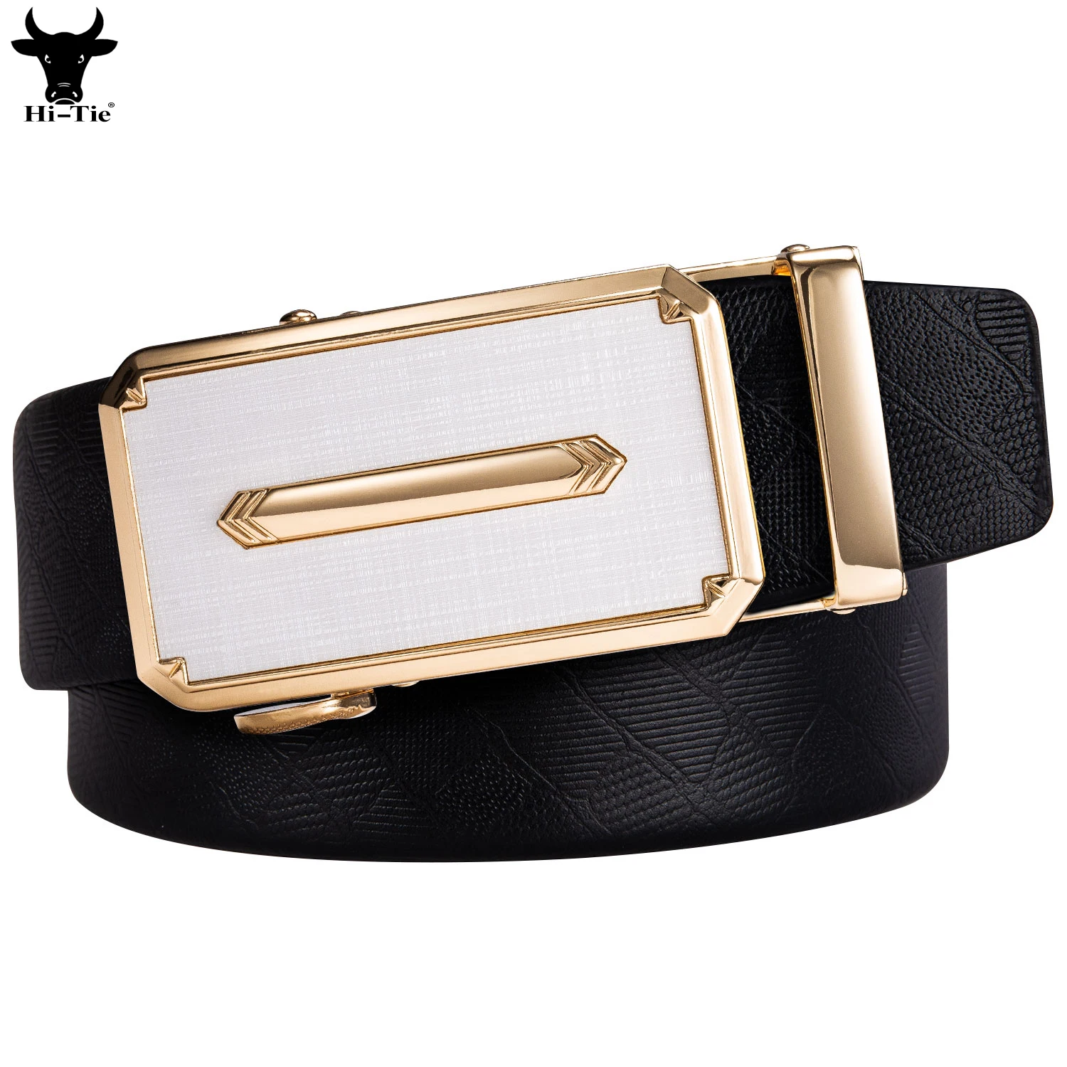 Hi-Tie Designer Black Cow Leather Mens Belts Gold White Automatic Buckles Ratchet Waist Belt for Men Dress Jeans Business Daily