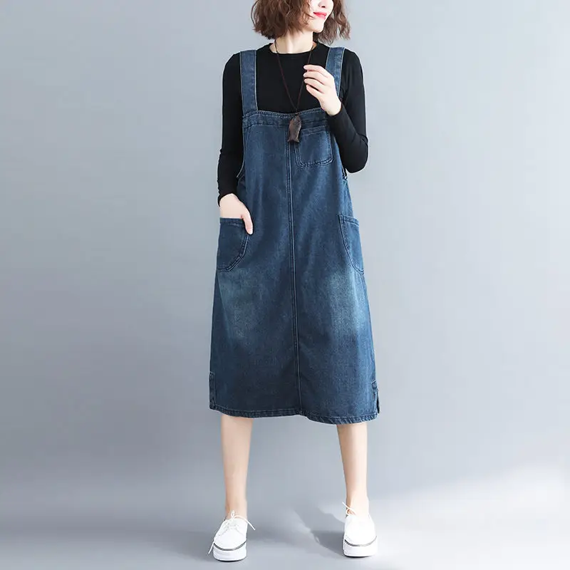 Женское джинсовое платье средней длины повседневное свободное большого размера