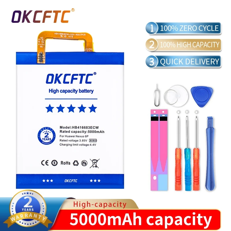 

OKCFTC Original battery HB416683ECW Rechargeable Li-ion phone battery For Huawei Nexus 6P H1511 H1512 5000mAh+Free Tools