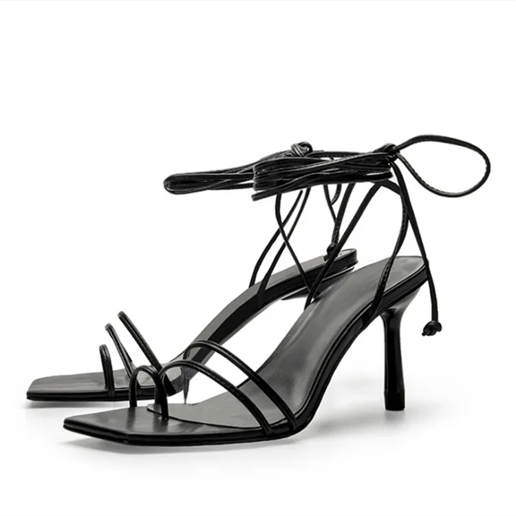 

Sandals women's 2021 summer small CK strap thin heel open toe high heel thin heel shoes with bow and square toe