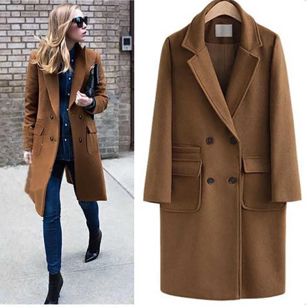 Fashion Women's Winter Jacket Lapel Solid Color Double Breasted Pocket Wool Coat Spring Autumn Windbreaker Clothing