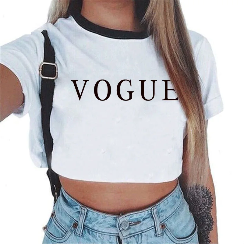 

Women's VOGUE Letter Crop Top Short Sleeve T Shirts Women Brand New Casual Tee Tops Summer Female T Shirt Cute Cropped Top