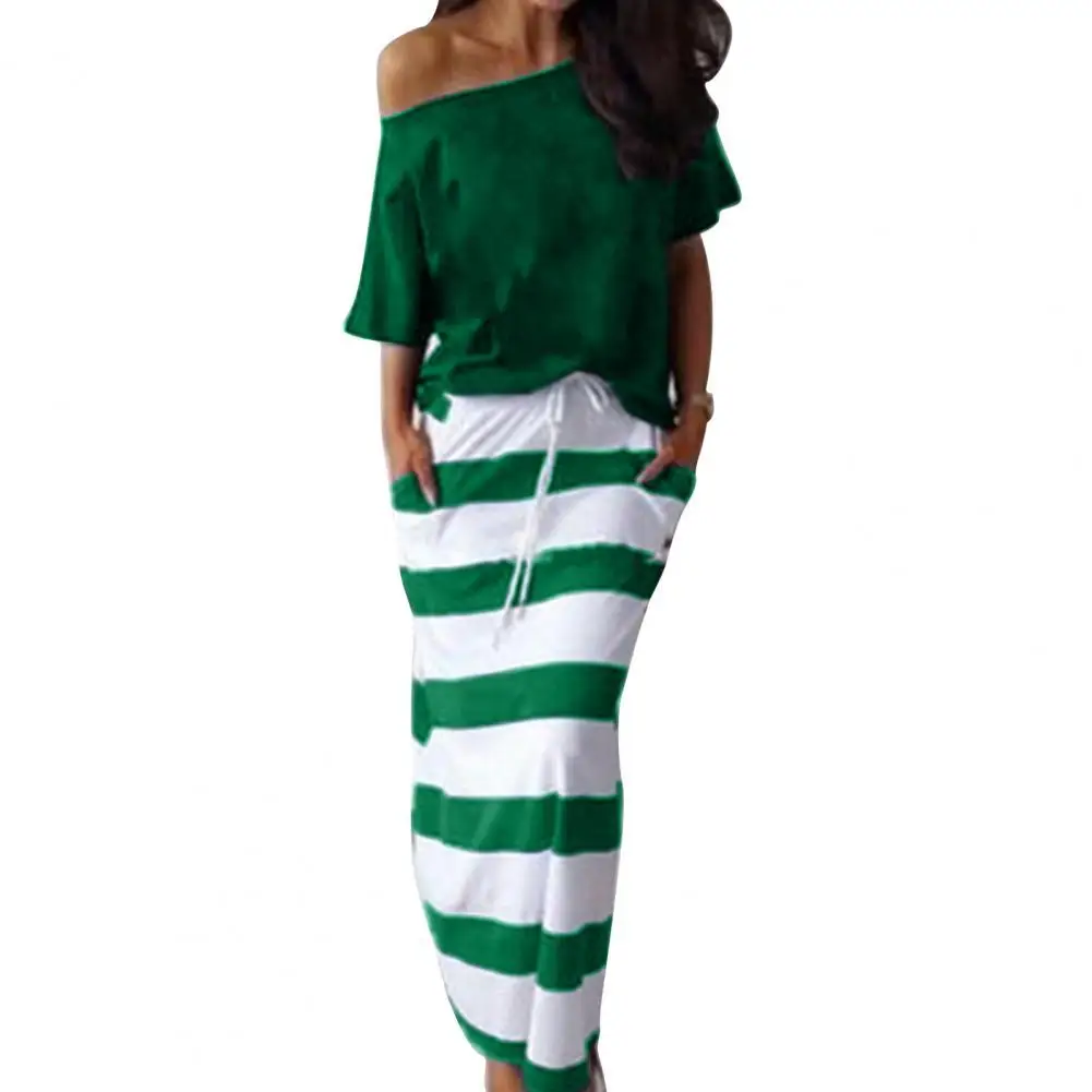 

Женская одежда, рубашка с косым плечом и рукавом до локтя, Полосатая юбка на шнуровке, комплект из двух предметов, футболка с рукавом до локт...