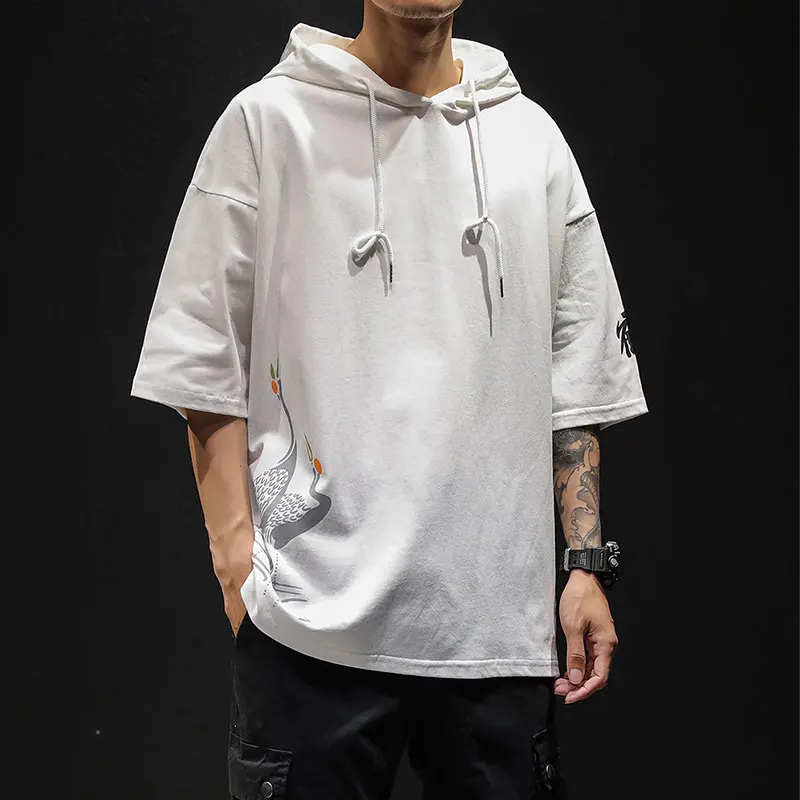 

Harajuku Male Hooded T-Shirt Crane Printing Men's Half Sleeve T-Shirts Summer Black White Mens Tee Shirt