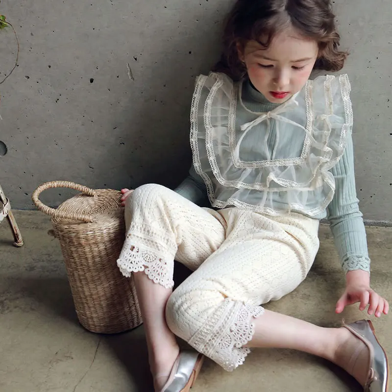 Винтажные весенние кружевные брюки для девочек 2022 Детские хлопковые в Корейском