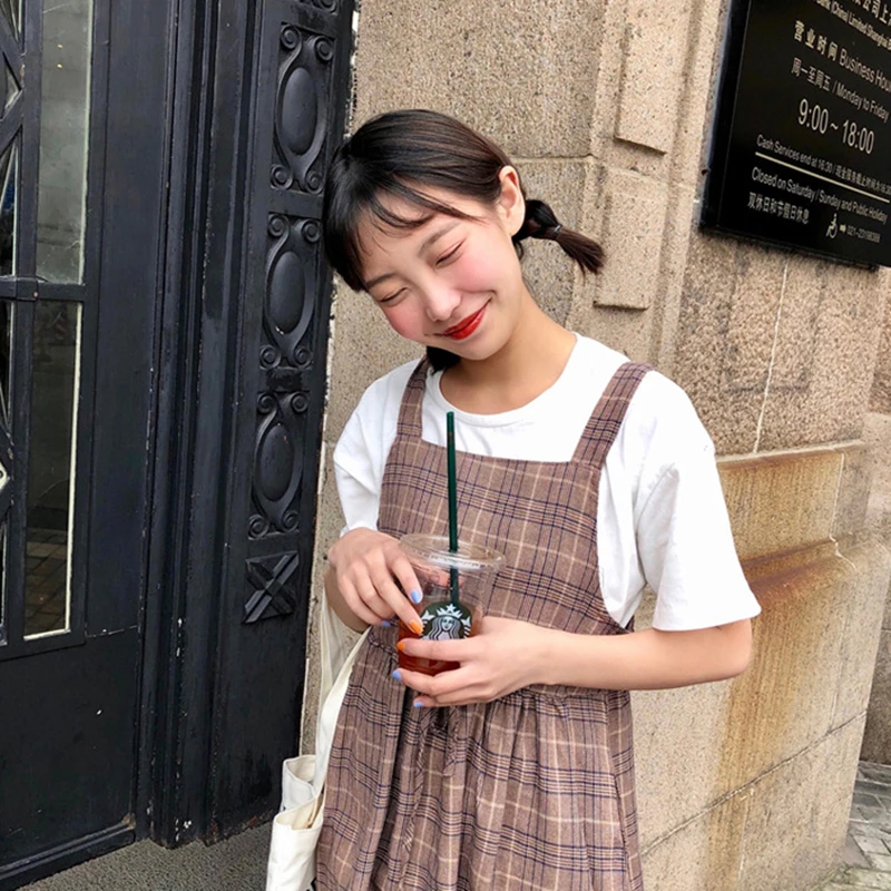 Японское летнее модное женское новое платье в клетку с круглым вырезом и поясом