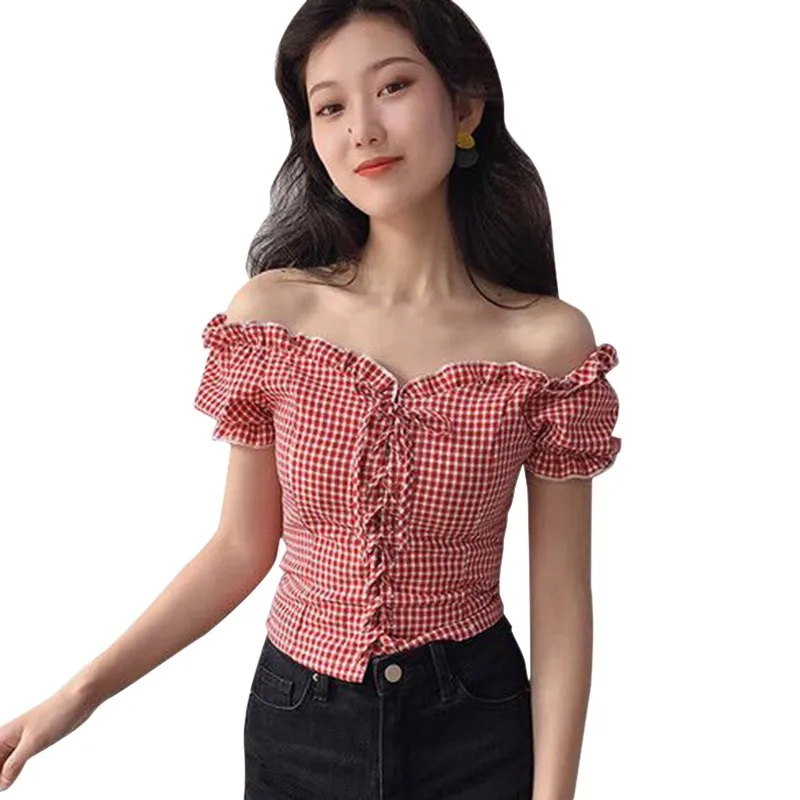 

Women Summer Clothes Woman Korean White Chiffon Tops Women's Plaid Print Slash Neck Sexy Navel Exposed Short Sleeve Basic Blouse