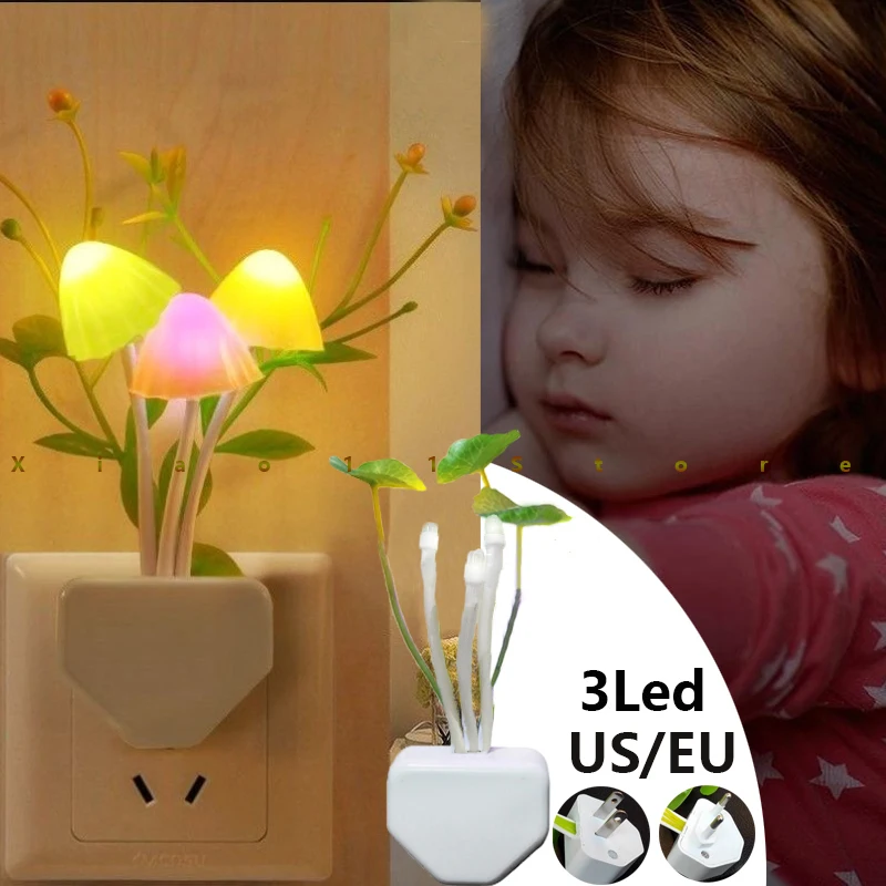 

Creative Night Light Mushroom Fungus Glowing Lamp EU&US Plug Light 3LED Colorful Mushroom Lights Energy-saving Lighting for Baby