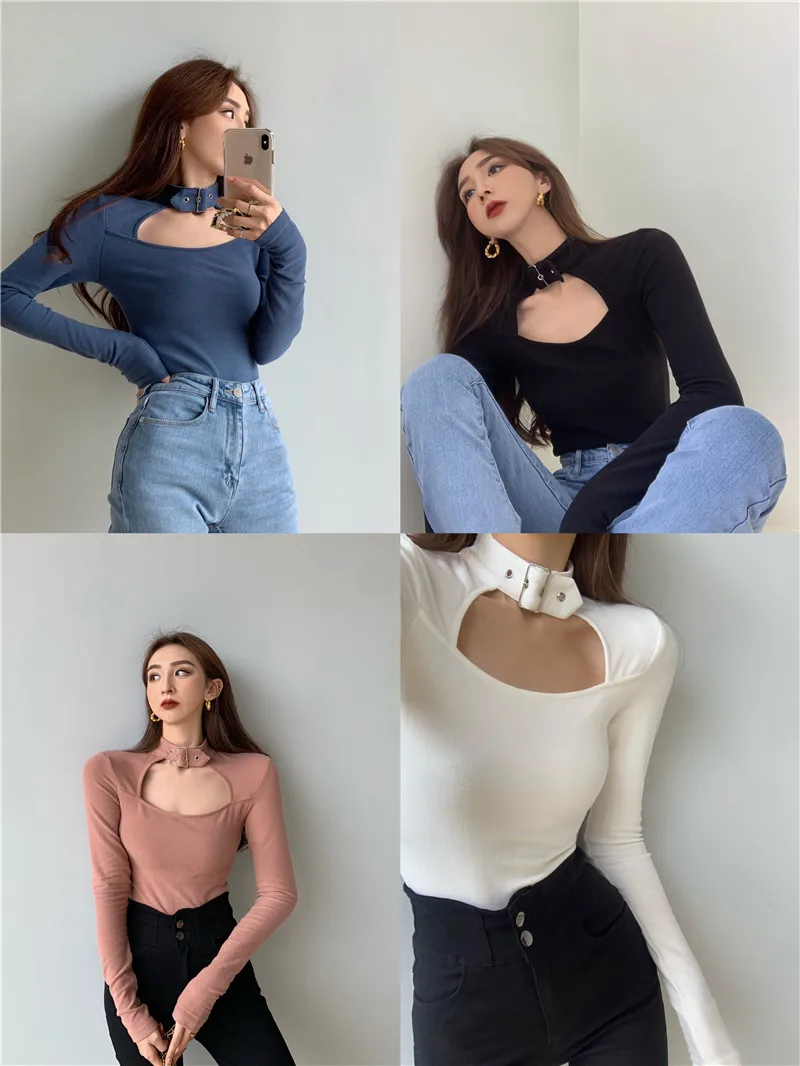 

Halter Hollow Out Tees Spring Autumn Women's Clothing T Shirts Long Sleeve Slim Crop Top Ladies Fashion Hipster Korean Style New