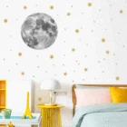 Серая луна Настенная Наклейка для детской комнаты, гостиной, Настенный декор, золотые звезды, виниловые наклейки, печатные обои, домашний декор, плакат, художественные фрески