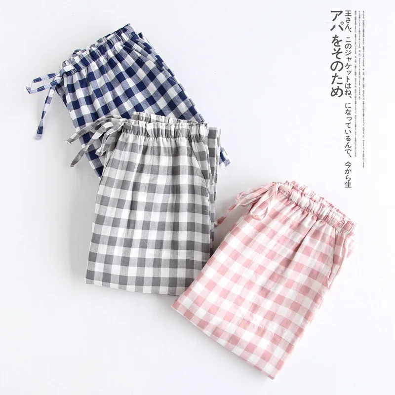 Spring Summer Women Cotton Gauze Sleepwear Long Pants Casual Men Plaid Sleeping Pants Drawstring Sleep Bottoms Homewear Trousers