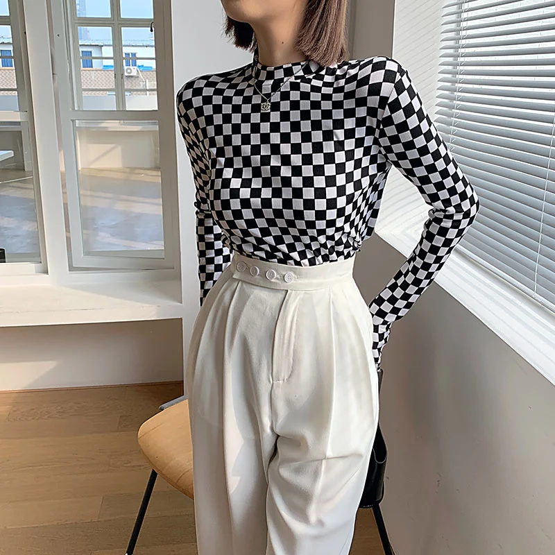 Черно-белая клетчатая женская футболка с длинным рукавом Новинка осени 2021