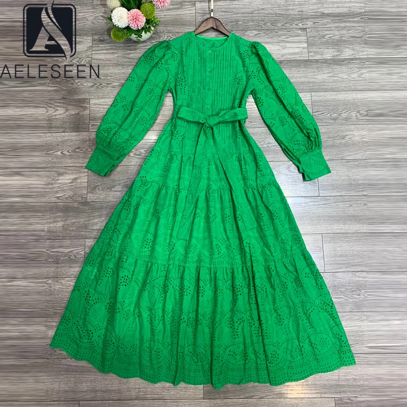 

AELESEEN Runway Fashion Women Lace Green Dress Spring Autumn Hollow Out Sashes Solid White Midi Elegant Party Long Dresses