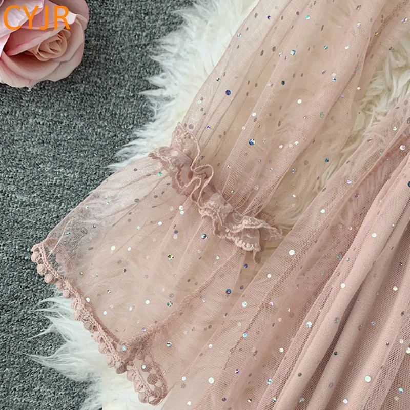 

2021 Autumn Winter Vintage Lace Floral Midi Dress Elegant Women Party Long Sleeve Pearls Beading Mesh Ruffles Dresses